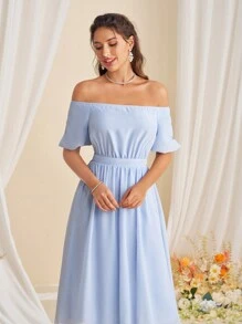 SHEIN Belle Women Summer Solid Color Off Shoulder Short Sleeve Simple And Elegant Cocktail Dress - Baby Blue - View 3