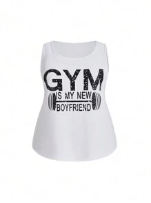 Easithlete Plus Size Women Sports Suit, Letter Print Round Neck Vest, Criss-Cross Back Vest And Striped Leggings Three-Piece Fitness Yoga Set - Black and White - View 5