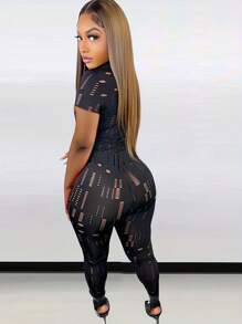 夏季新款欧美女士弹力破洞圆领短袖上衣和紧身裤套装