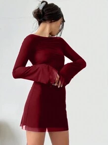 INAWLY Đầm dài tay lưới màu trơn thời trang cho nữ - Màu Đỏ Sâu - Xem 3