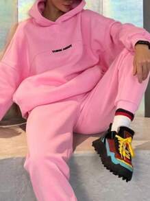 INAWLY 女式簡約素面帽t衫和褲子套裝 - 粉色 - 查看 3