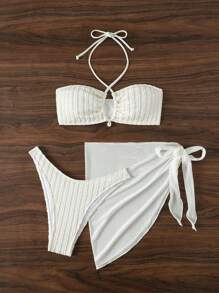 SHEIN Swim 3 pièces/set Top licou de couleur unie pour femme, short de bain, ensemble bikini avec jupe cache-maillot en tissu spécial pour plage d'été