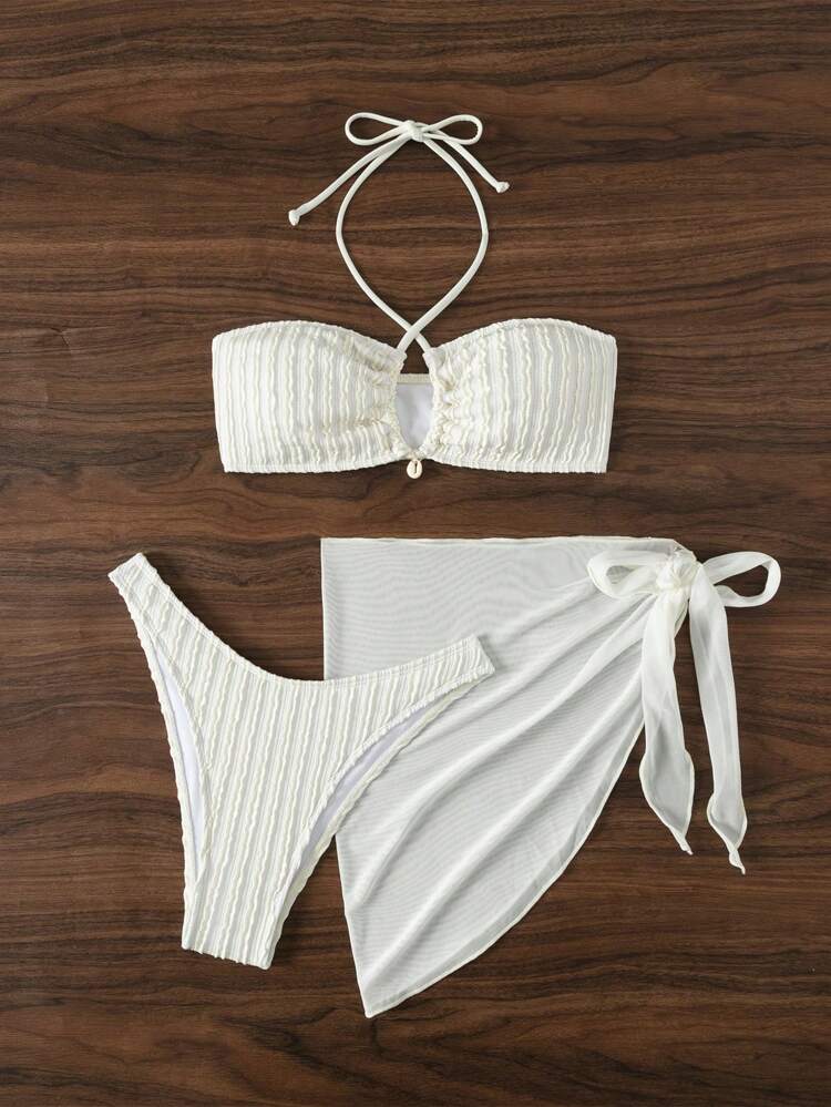 3pcs/Set Women's Solid Color Halter Top, Swim Shorts, Cover Up Skirted Bikini Set With Special Fabric Summer Beach