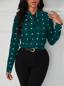 SHEIN Clasi 女士優雅波點系領長袖襯衫,適用於春夏季節 - 綠色 - 查看 3