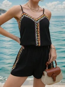 SHEIN Essnce Giải trí NỮ Mùa hè Nối Dệt Dây đeo Áo ba lỗ Áo vest Và Quần short Giải trí Bộ - màu đen - Xem 4
