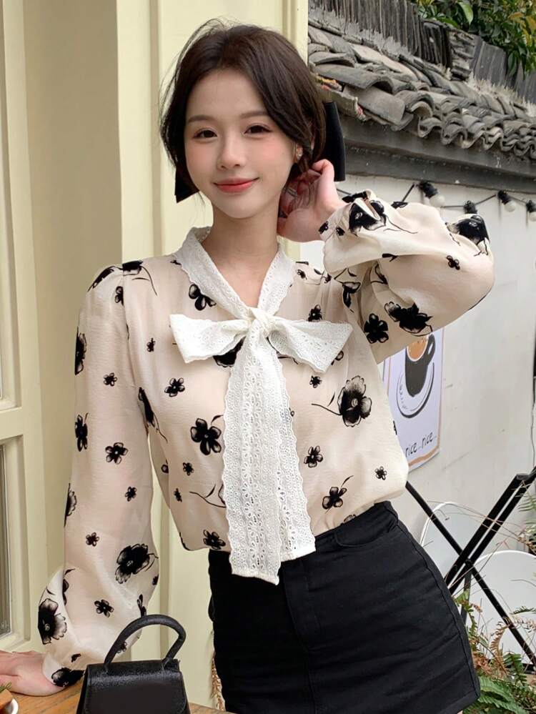 Women Tie-Neck Casual Daily Wear Spring/Summer Long Sleeve Shirt,Fall Clothes Graphic Tee