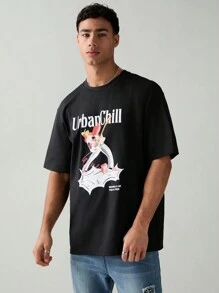 Manfinity VCAY 男士卡通標語印花休閒短袖T恤，夏季款 - 黑色 - 查看 4