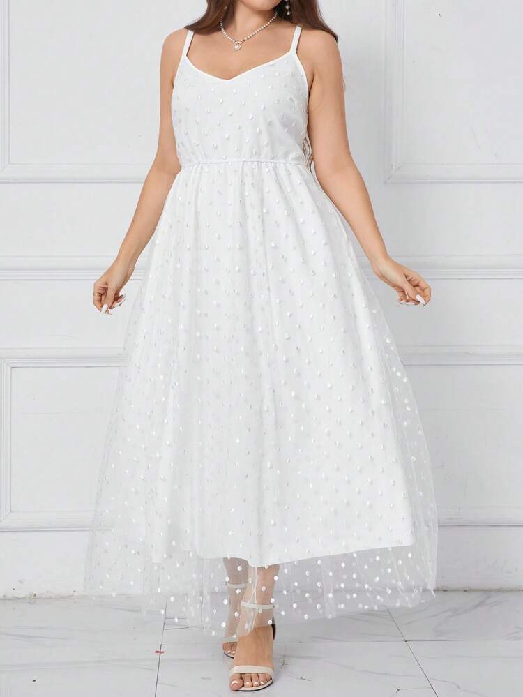 Plus Size Women Summer Solid Color Long Mesh Splice Strap Casual Elegant Dress