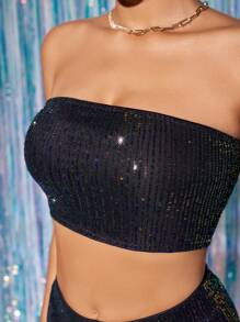 SHEIN Unity Fashionable Women Glittering Strapless Skirt Dress Set - Black - View 4