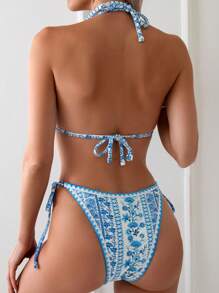 SHEIN Swim Clean Fit Halter Neck Bikini Set(Random Print) For Summer Beach Vacation