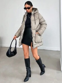 SHEIN Cottnline Hooded Double Flap Pocket Puffer Down Jacket - Light Grey - View 3