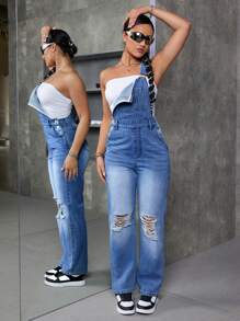 Women Spring/Summer Casual Straight-Legged Ripped Denim Jumpsuit - Medium Wash - View 3
