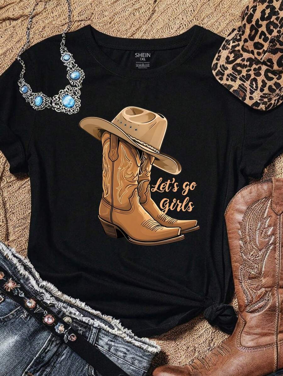 EMERY ROSE Plus Size Women Cowboy Boots & Hat Letter Pattern Printed T-Shirt, Casual Short Sleeve Round Neck Top Graphic Tee, Women Summer Top - Black - View 1