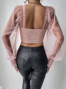 VaVaBold Áo kiểu phối lưới & ren thời trang dành cho nữ Áo trễ vai định hình xương cá và đường nhấn cho mùa hè - Bụi hồng - Xem 2