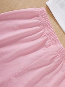 SHEIN 十幾歲女孩日常休閒春夏款實色針織短袖連帽短褲套裝 + 針織背心