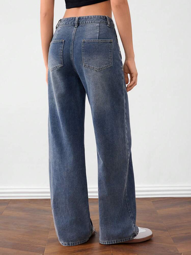 Women's Blue Lace-Up Knee Low Rise Wide Leg Jeans