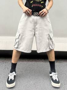 Manfinity EMRG 春夏季男性工作服寬腿休閒牛仔短褲，超大尺碼普通單色全白外出街頭風格饒舌歌手穿著