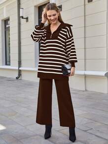 EURMUSE Women's Half-Zip Striped Drop Shoulder Sweater Two-Piece Set - Brown - View 3