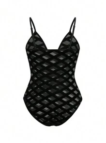 Maweii 加厚絨布格子網紗透肩連體衣，夏季型格穿搭 - 黑色 - 查看 7