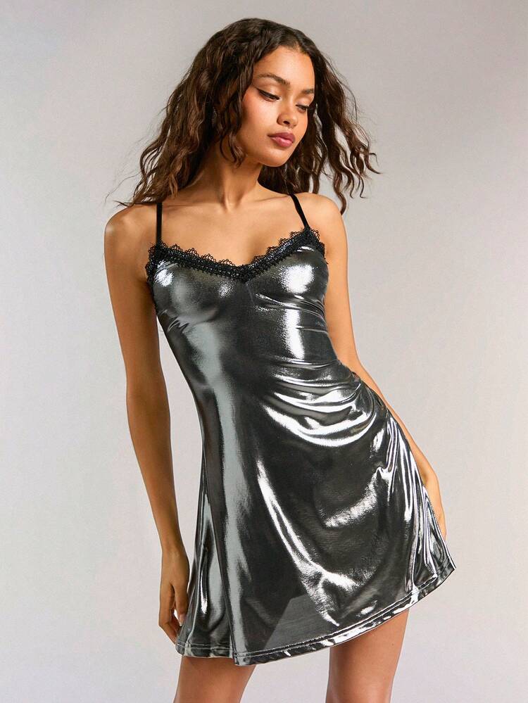 Women Summer Metallic Texture Patchwork Lace Short Camisole Dress