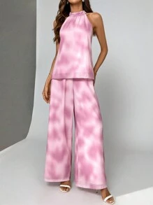 SHEIN Privé 女士夏季漸變印花露背上衣搭配印花寬褲套裝 - 彩色 - 查看 5