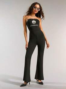 Forever 21 New Arrival Metallic Print Patchwork & Rivet Decoration Tight Fit Flared Leg Split Jumpsuit Unitard - Black - View 3