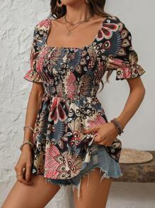 EMERY ROSE Women Peacock Feather Printed Vacation Shirt With Square Neckline, Puff Short Bubble Sleeves And Ruffled Hem Peplum Top - Multicolor - View 4