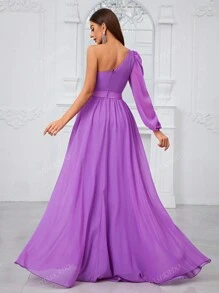 YISIKADO Women'S One Shoulder Lantern Sleeve Ruffle Trim Decor Bridesmaid Dress