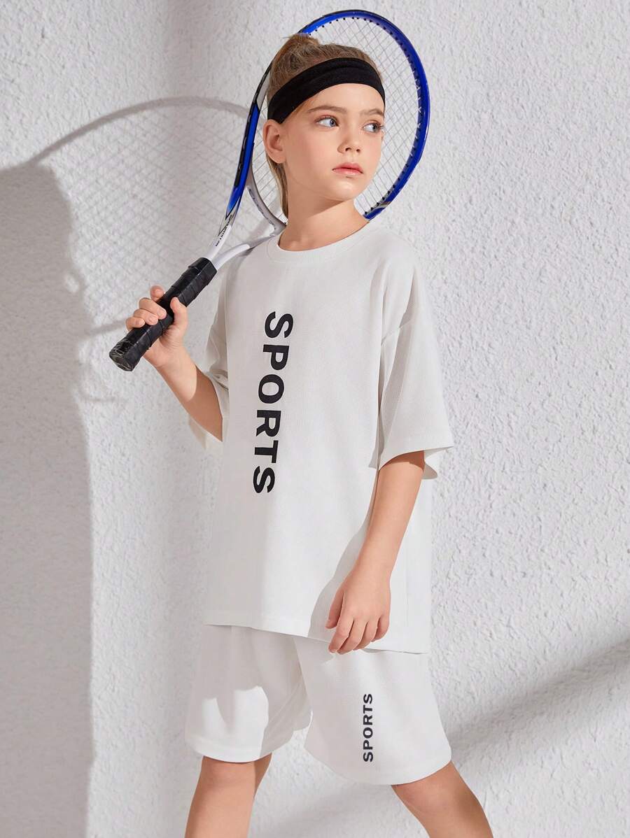 SHEIN Tween Girl Casual Letter Printed Dropped Shoulder T-Shirt And Shorts Sport Suit - White - View 1