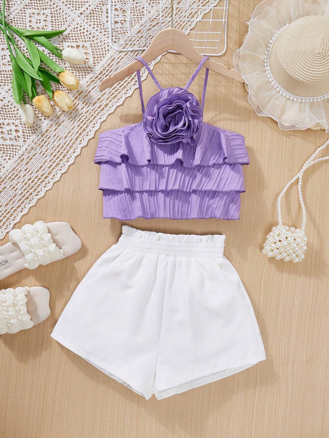 SHEIN Tween Girl Sweet And Cute Spring Summer Woven Halter Top With ...