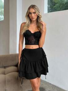 SHEIN Privé Falda de verano de moda para mujeres con cinturón de lazo cruzado lateral y dobladillo con volantes