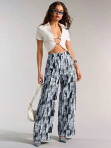 Forever 21 摇滚印花低腰酷炫阔腿裤，工装风 - 黑色 - 查看 3