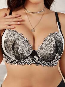 Elegant Plus Size Contrast Lace Push Up Bra Black And White With Floral Print Detail - Black and White - View 1