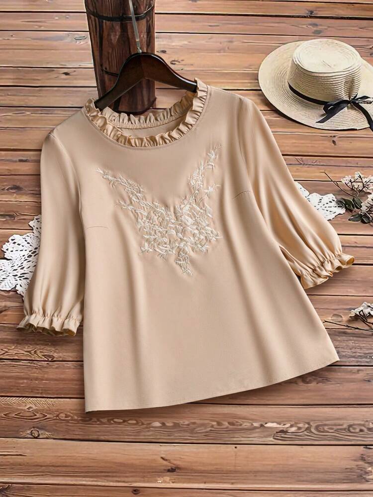 Women Fashionable Printed Lotus Leaf Sleeve Medium Sleeve Shirt