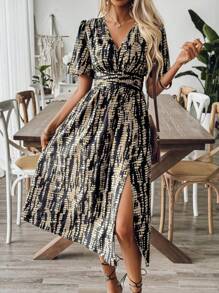 SHEIN Clasi 隨機印花夏季音樂節風格長裙，高腰設計及劈叉 - 彩色 - 查看 5