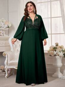 UNITHORSE Plus Size Sequin Patchwork Lantern Sleeve Extra Long Evening Dress - Dark Green - View 6