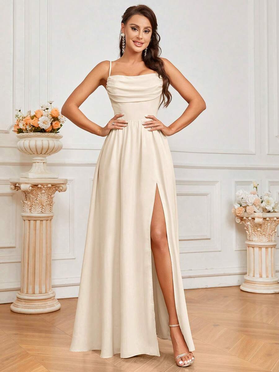 SHEIN Belle 女性優雅浪漫杏色胸前褶皺設計，後繫帶洞洞褶皺A字裙，高開叉，適合婚禮、假日聚會、舞會晚宴，成人優雅伴娘裙 - 杏色 - 查看 1