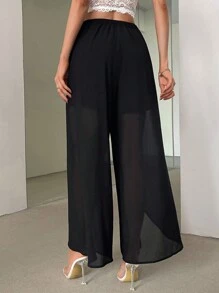 Firerie Women Elegant Commuting High Waisted Long Pants With Asymmetrical Hem & Split Detail & Sheer Chiffon Fabric - Black - View 4