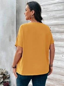 EMERY ROSE Plus Size Women's Orange Button Embellished Short Sleeve Shirt For Spring - Yellow - View 2