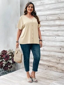 EMERY ROSE Plus Size Women's Orange Button Embellished Short Sleeve Shirt For Spring - Beige - View 5
