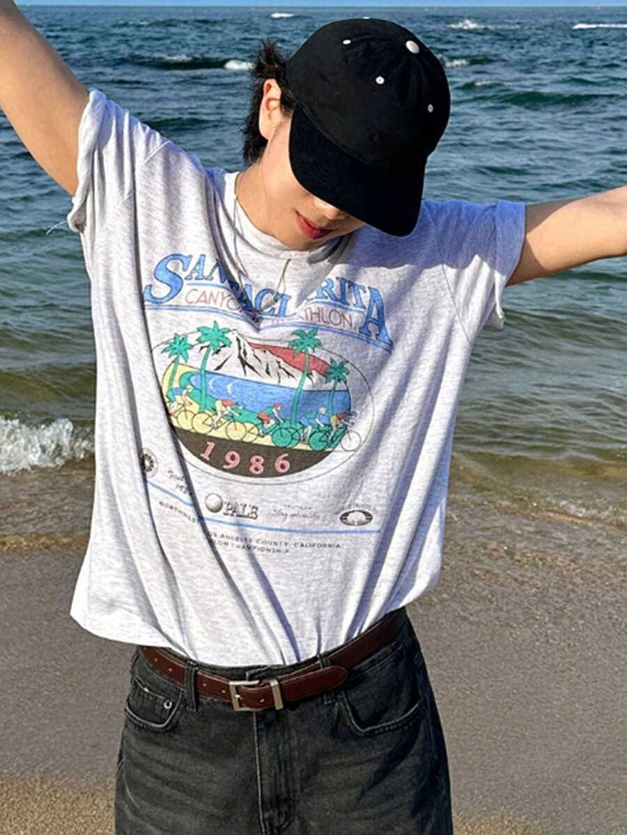 DAZY T-shirt d'été pour homme à manches courtes à col rond avec impression de lettres - Gris pâle - Voir 1