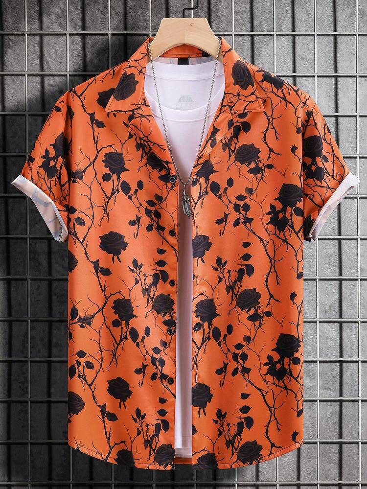 Men Rose Printed Short Sleeve Shirt For Summer