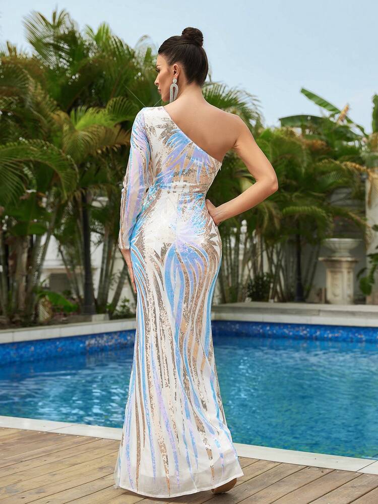 Gorgeous Elegant And Noble Positioning Sequins Blue Fine Glitter Splicing Mesh One-Shoulder Long-Sleeved See-Through Details Lower Hem Splicing Mesh Fishtail-Shaped Heavy Work Banquet Dress Women's Coded Evening Gowns For Glamorous Evening Parties, Cocktail Receptions, Weddings, Back-To-School Seasons, Mother's Day, Music Festivals, Graduation Seasons, Showers Ladies Evening Dress