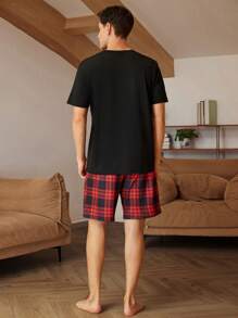 Men Letter Print Round Neck Short Sleeve Top And Plaid Print Shorts Summer Casual Home Clothing Set - Black - View 2