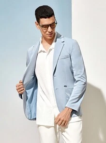 AKNOTIC Business Casual 易护理弹力男士针织纯色商务西装外套，适合秋冬穿着 - 霧霾藍 - 查看 10