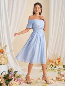 SHEIN Belle Women Summer Solid Color Off Shoulder Short Sleeve Simple And Elegant Cocktail Dress - Baby Blue - View 5