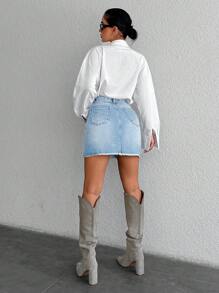 RueChic Women Fashionable High-Waisted Ripped Denim Skirt With A Unique Design - Light Wash - View 2