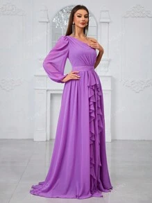YISIKADO Women'S One Shoulder Lantern Sleeve Ruffle Trim Decor Bridesmaid Dress