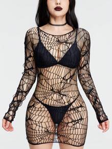 ROMWE Goth 女式哥德風格性感內衣長袖魚網上衣 - 黑色 - 查看 1
