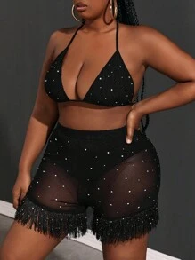 Slaydiva Plus Lễ Hội Âm Nhạc Lưới Đan Đàn Hồi Màu Đen Xuyên Qua Hot Khoan Bikini Quần Short Tua Rua - màu đen - Xem 8